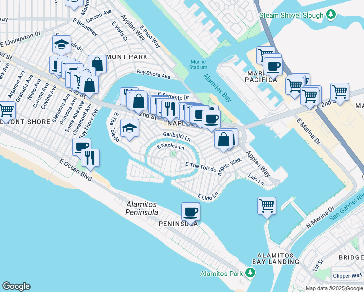map of restaurants, bars, coffee shops, grocery stores, and more near 90 Corinthian Walk in Long Beach