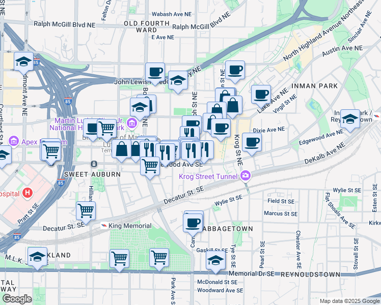 map of restaurants, bars, coffee shops, grocery stores, and more near 572 Edgewood Avenue Southeast in Atlanta