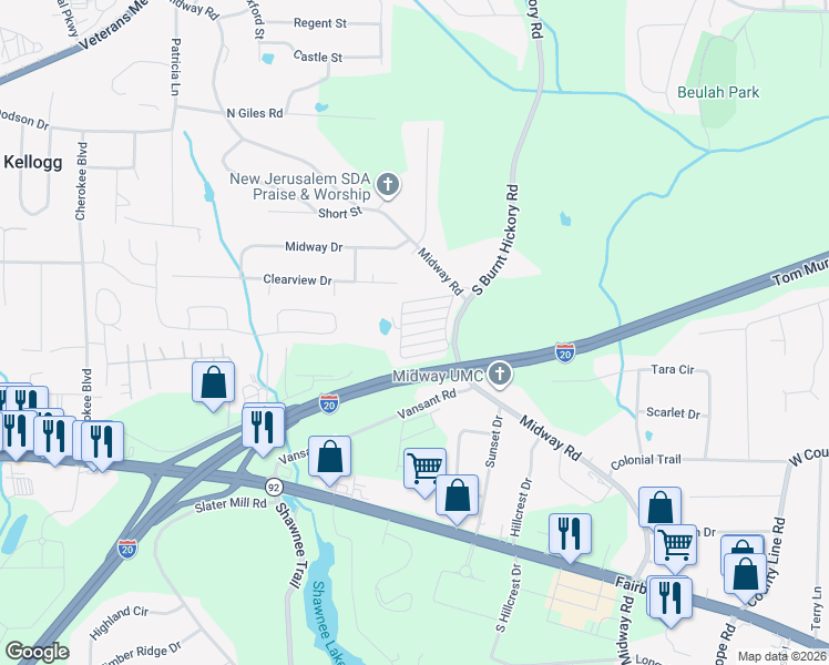 map of restaurants, bars, coffee shops, grocery stores, and more near 4085 Midway Road in Douglasville