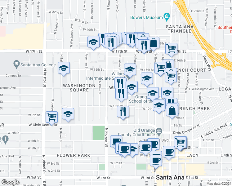 map of restaurants, bars, coffee shops, grocery stores, and more near 1206 North Parton Street in Santa Ana