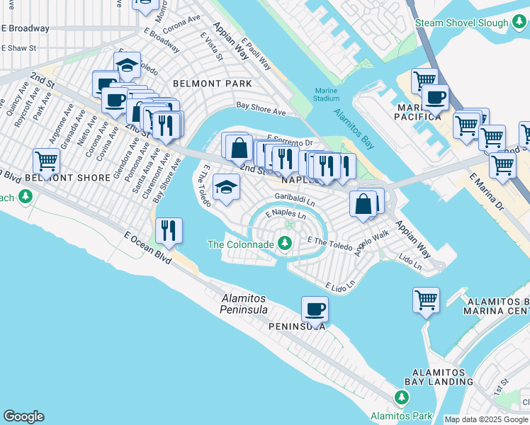map of restaurants, bars, coffee shops, grocery stores, and more near 50 Rivo Alto Canal in Long Beach