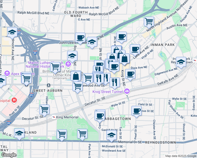 map of restaurants, bars, coffee shops, grocery stores, and more near in Atlanta