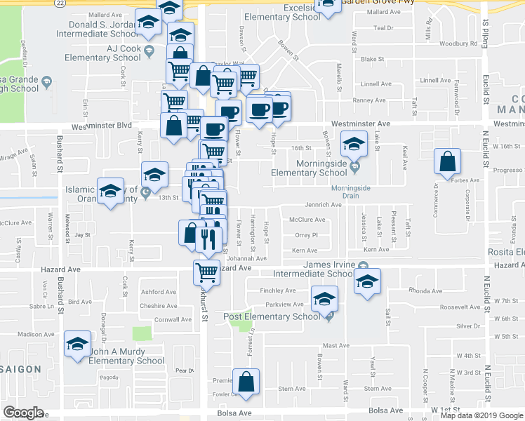 map of restaurants, bars, coffee shops, grocery stores, and more near 10192 Jennrich Avenue in Garden Grove