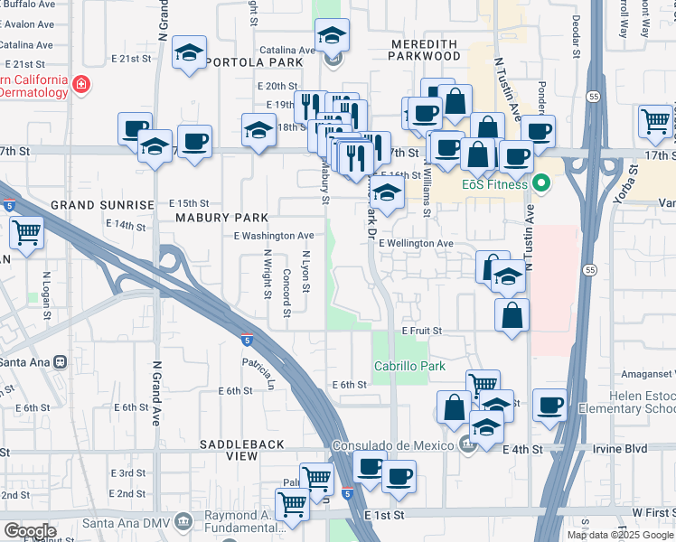 map of restaurants, bars, coffee shops, grocery stores, and more near Cabrillo Park Drive in Santa Ana