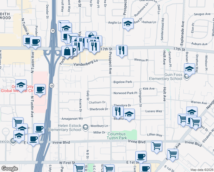 map of restaurants, bars, coffee shops, grocery stores, and more near 17661 Orange Tree Lane in Tustin