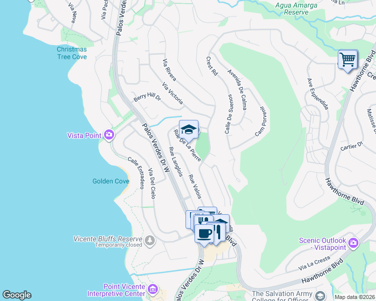 map of restaurants, bars, coffee shops, grocery stores, and more near 30605 Rue De La Pierre in Rancho Palos Verdes