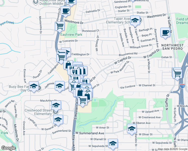 map of restaurants, bars, coffee shops, grocery stores, and more near 1360 West Capitol Drive in Los Angeles