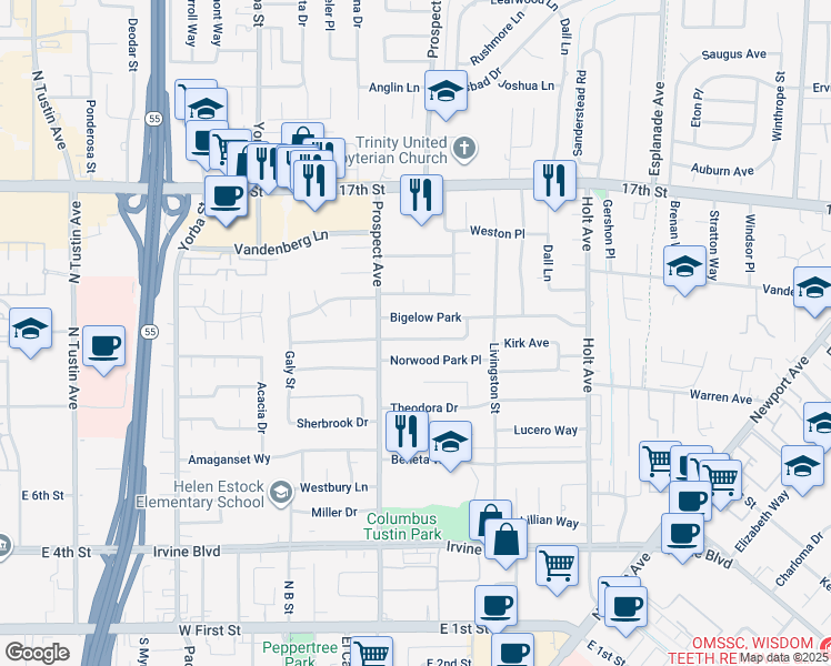 map of restaurants, bars, coffee shops, grocery stores, and more near 17831 Orange Tree Lane in Tustin