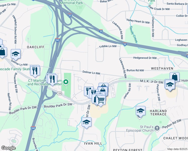 map of restaurants, bars, coffee shops, grocery stores, and more near 3060 Delmar Lane Northwest in Atlanta