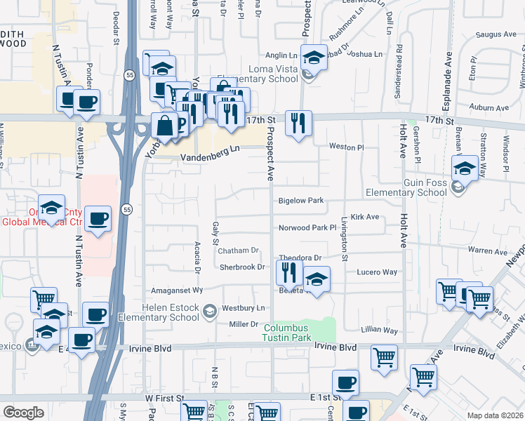 map of restaurants, bars, coffee shops, grocery stores, and more near 17661 Orange Tree Lane in Tustin