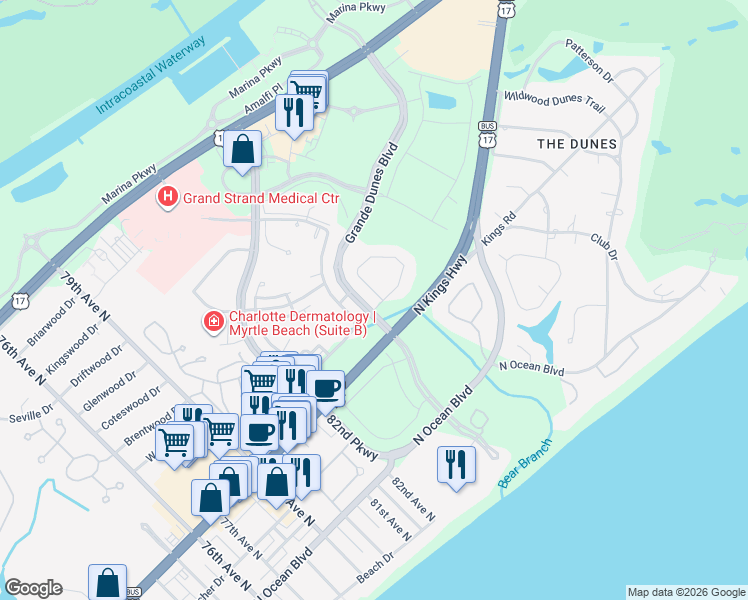map of restaurants, bars, coffee shops, grocery stores, and more near 901 Medical Circle in Myrtle Beach