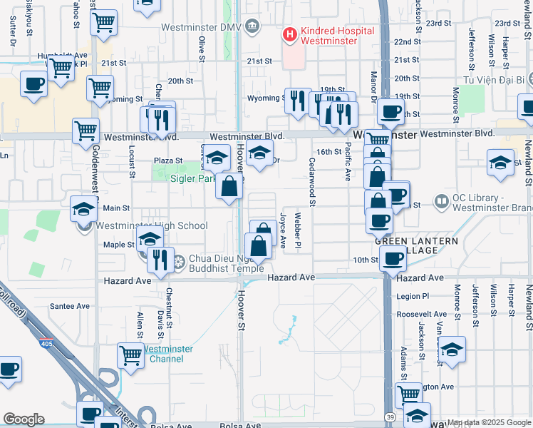 map of restaurants, bars, coffee shops, grocery stores, and more near 14272 Hoover Street in Westminster