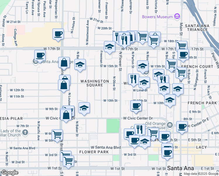 map of restaurants, bars, coffee shops, grocery stores, and more near 1020 North Olive Street in Santa Ana
