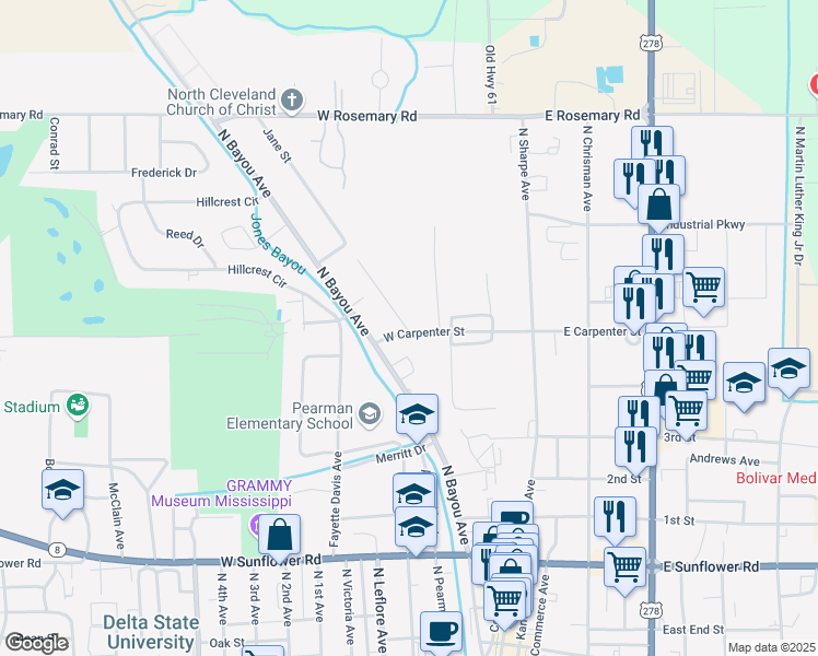 map of restaurants, bars, coffee shops, grocery stores, and more near 312 West Carpenter Street in Cleveland