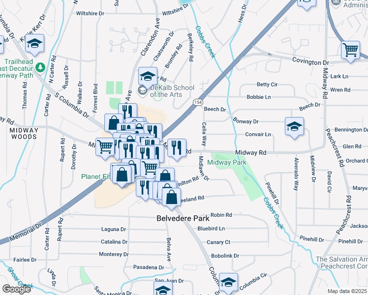 map of restaurants, bars, coffee shops, grocery stores, and more near 3074 Midway Road in Decatur