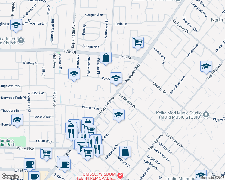 map of restaurants, bars, coffee shops, grocery stores, and more near 1011 Napa Street in Tustin