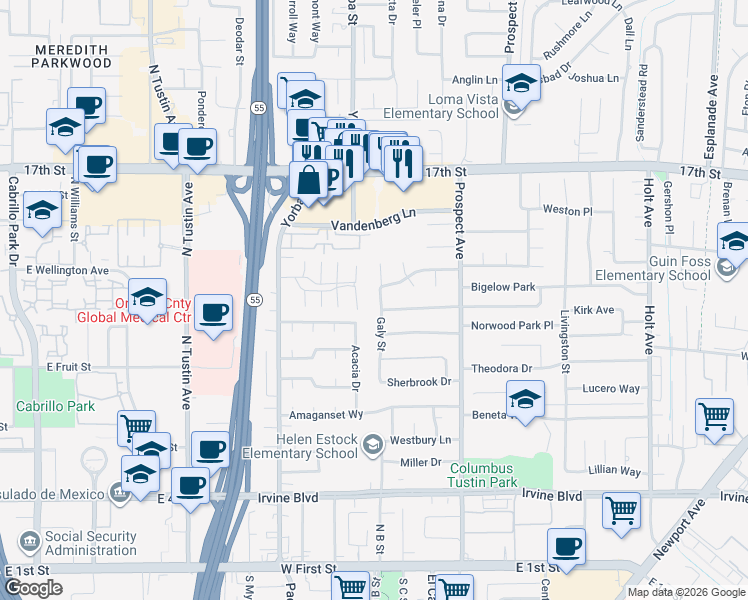map of restaurants, bars, coffee shops, grocery stores, and more near 14352 Acacia Drive in Tustin