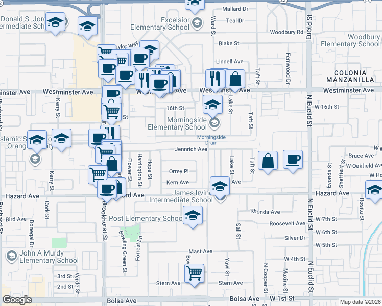 map of restaurants, bars, coffee shops, grocery stores, and more near 10382 McClure Avenue in Garden Grove