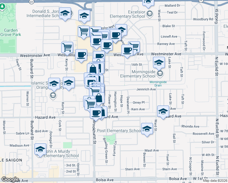 map of restaurants, bars, coffee shops, grocery stores, and more near 14332 Flower Street in Garden Grove