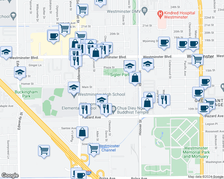 map of restaurants, bars, coffee shops, grocery stores, and more near 14300 Chestnut Street in Westminster