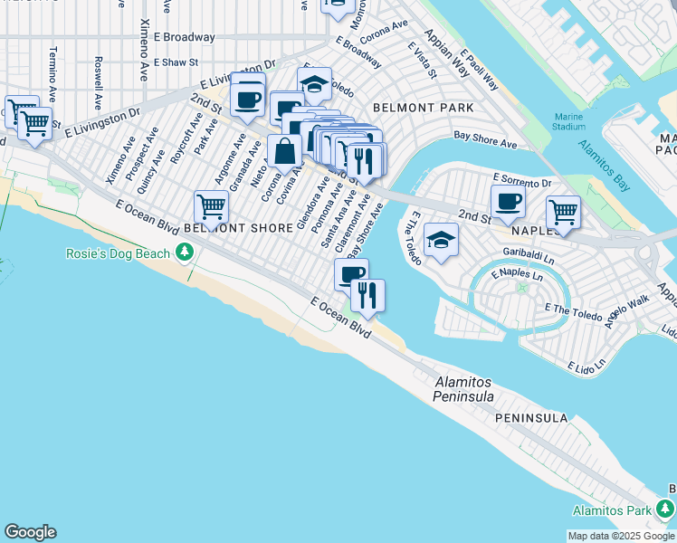 map of restaurants, bars, coffee shops, grocery stores, and more near 30 Bay Shore Avenue in Long Beach