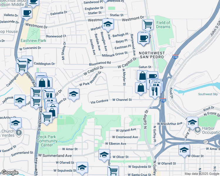 map of restaurants, bars, coffee shops, grocery stores, and more near 1114 North Park Western Drive in Los Angeles