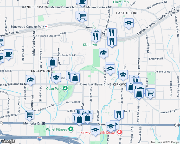 map of restaurants, bars, coffee shops, grocery stores, and more near 1697 Wade Avenue Northeast in Atlanta