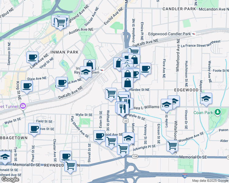 map of restaurants, bars, coffee shops, grocery stores, and more near 1117 Hawthorne Street Northeast in Atlanta