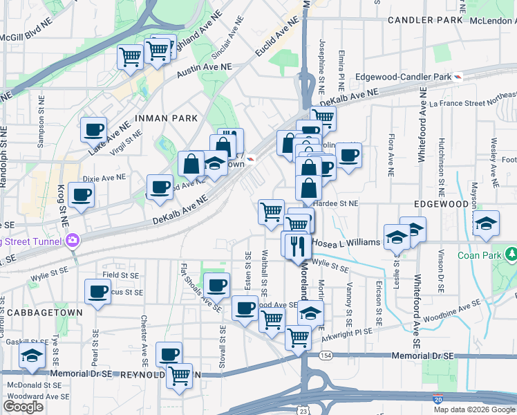 map of restaurants, bars, coffee shops, grocery stores, and more near 42 Walthall Street Northeast in Atlanta