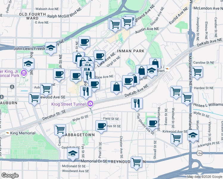 map of restaurants, bars, coffee shops, grocery stores, and more near 840 DeKalb Avenue Northeast in Atlanta