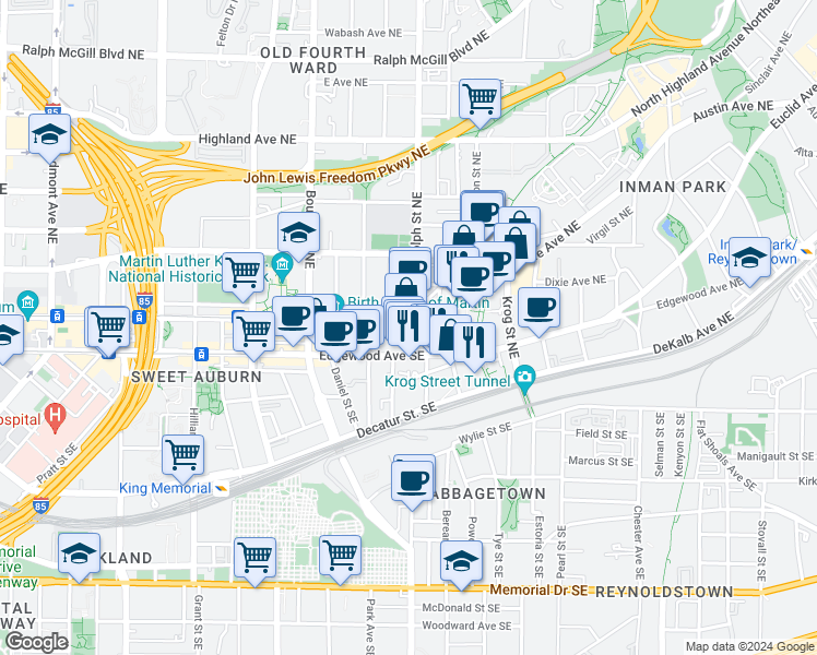 map of restaurants, bars, coffee shops, grocery stores, and more near 572 Edgewood Avenue Southeast in Atlanta