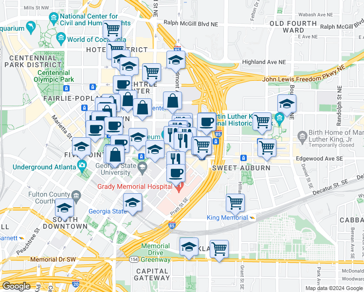 map of restaurants, bars, coffee shops, grocery stores, and more near 135 Auburn Avenue Northeast in Atlanta