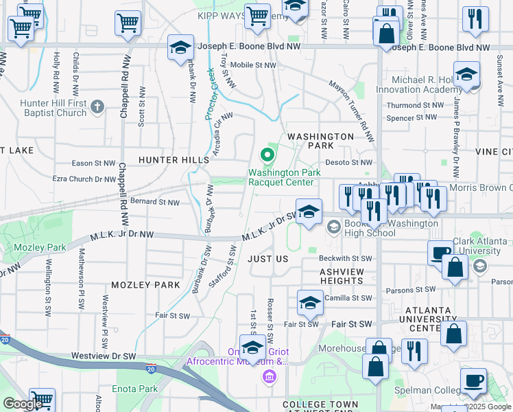map of restaurants, bars, coffee shops, grocery stores, and more near 1115 Martin Luther King Junior Drive Northwest in Atlanta