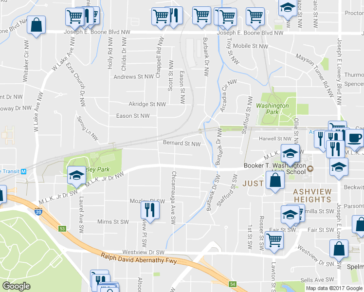 map of restaurants, bars, coffee shops, grocery stores, and more near 1340 Bernard Street Northwest in Atlanta