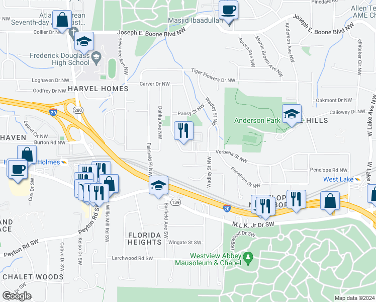 map of restaurants, bars, coffee shops, grocery stores, and more near 2207 Vesta Avenue Northwest in Atlanta
