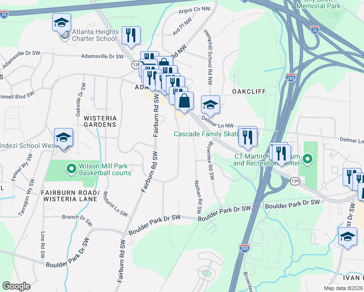 map of restaurants, bars, coffee shops, grocery stores, and more near 91 Nathan Road Southwest in Atlanta
