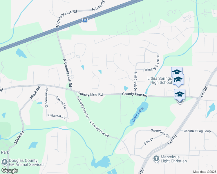 map of restaurants, bars, coffee shops, grocery stores, and more near 2808 East County Line Road in Lithia Springs
