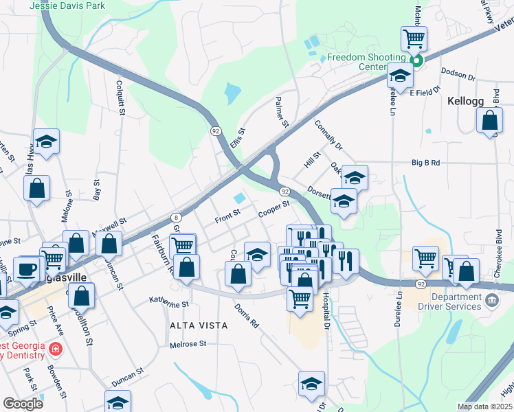 map of restaurants, bars, coffee shops, grocery stores, and more near 6214 Hagin Street in Douglasville