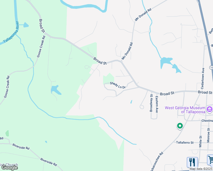 map of restaurants, bars, coffee shops, grocery stores, and more near 132 Shady Lane Drive in Tallapoosa
