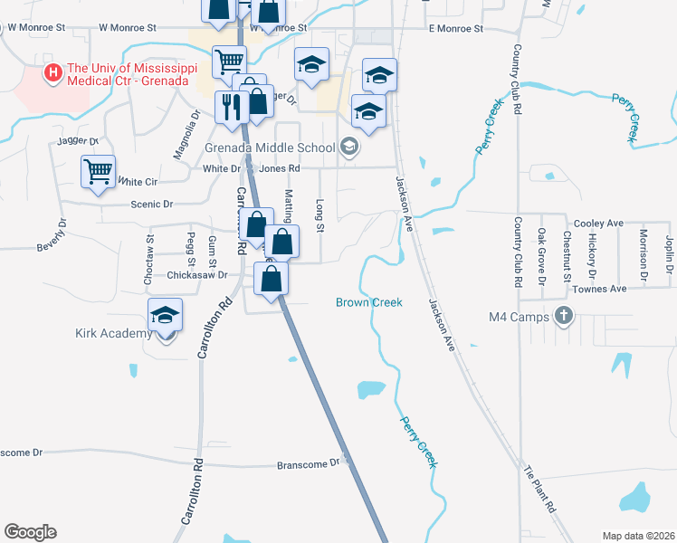 map of restaurants, bars, coffee shops, grocery stores, and more near Moss Street in Grenada