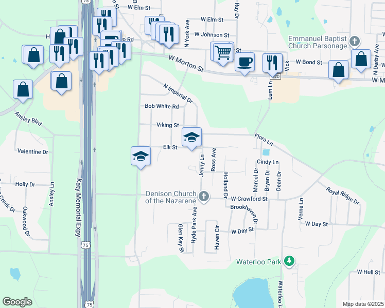 map of restaurants, bars, coffee shops, grocery stores, and more near 201 Jenny Lane in Denison