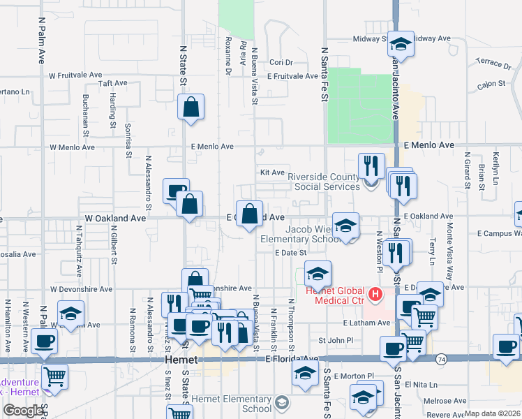 map of restaurants, bars, coffee shops, grocery stores, and more near 454 North Buena Vista Street in Hemet
