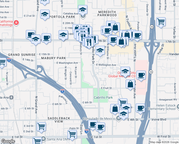 map of restaurants, bars, coffee shops, grocery stores, and more near 1062A Cabrillo Park Drive in Santa Ana