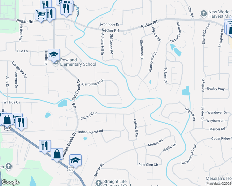 map of restaurants, bars, coffee shops, grocery stores, and more near 4331 Carrollwood Drive in Stone Mountain