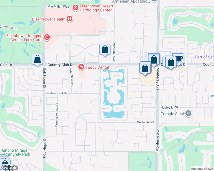 map of restaurants, bars, coffee shops, grocery stores, and more near 201 Desert Lakes Drive in Rancho Mirage
