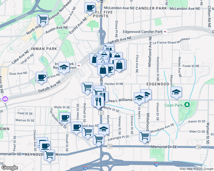map of restaurants, bars, coffee shops, grocery stores, and more near 1199 Hardee Street Northeast in Atlanta