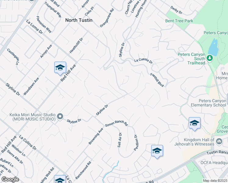 map of restaurants, bars, coffee shops, grocery stores, and more near 1912 Park Skyline Road in Santa Ana
