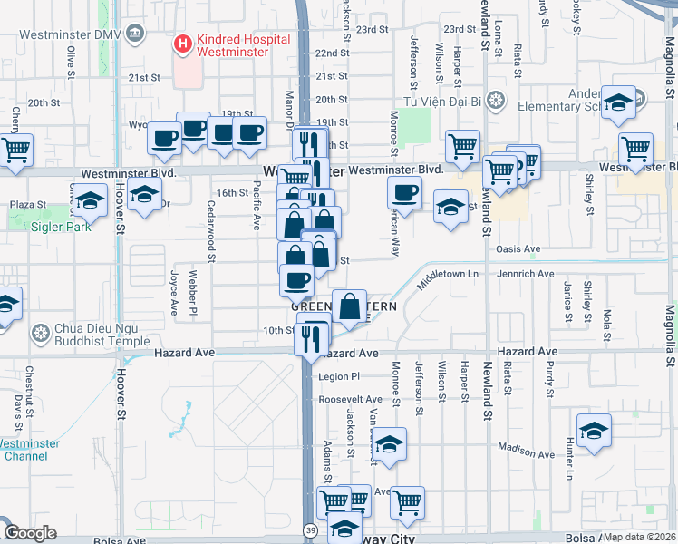 map of restaurants, bars, coffee shops, grocery stores, and more near 8140 13th Street in Westminster