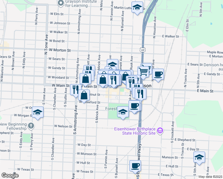 map of restaurants, bars, coffee shops, grocery stores, and more near 430 West Chestnut Street in Denison