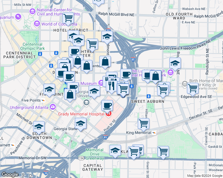 map of restaurants, bars, coffee shops, grocery stores, and more near 185 Auburn Avenue Northeast in Atlanta